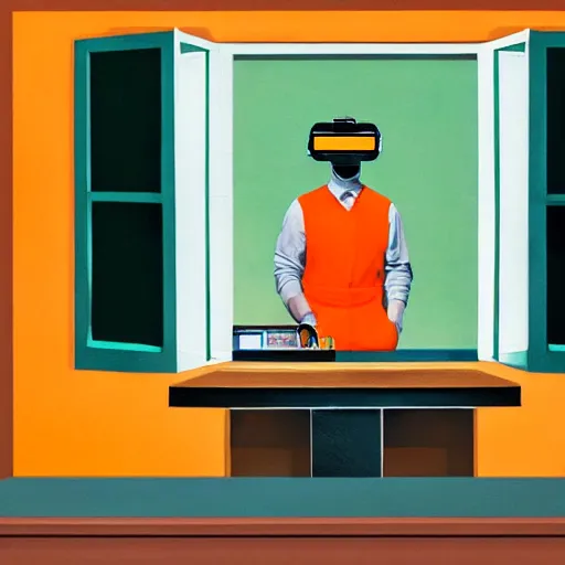 Prompt: A fine art painting of a man wearing Vr goggles dressed in orange overalls (and creating the metaverse at a desk with screens), view from outside looking in through a window on a British street. In the style of Edward Hopper and Wes Anderson