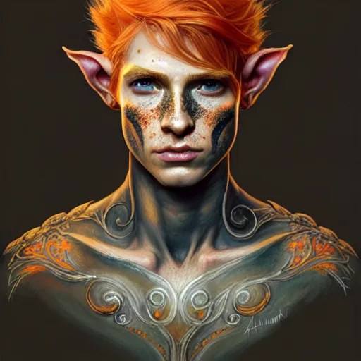 Prompt: portrait painting of an elven young man with short light orange hair and freckles and tree tattoos on his cheekbones light armor, ultra realistic, concept art, intricate details, eerie, highly detailed, photorealistic, octane render, 8 k, unreal engine. art by artgerm and greg rutkowski and charlie bowater and magali villeneuve and alphonse mucha