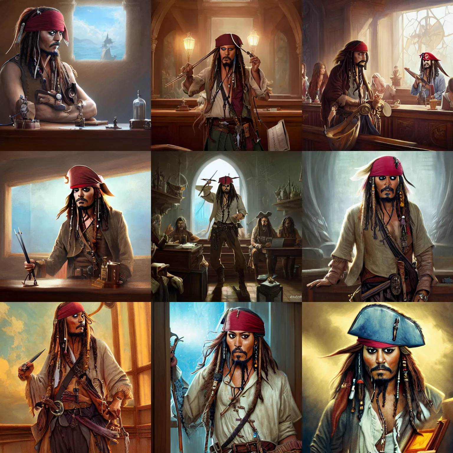 Prompt: highly detailed picture of jack sparrow in a courtroom with amber heard, fantasy art by greg rutkowski, loish, rhads, makoto shinkai and lois van baarle, ilya kuvshinov, rossdraws global illumination, radiant light, detailed and intricate environment