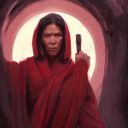 Image similar to portrait of a woman by greg rutkowski, jedi queen, half asian, black bob hair, star wars expanded universe, she is about 5 0 years old, wearing jedi red robes.