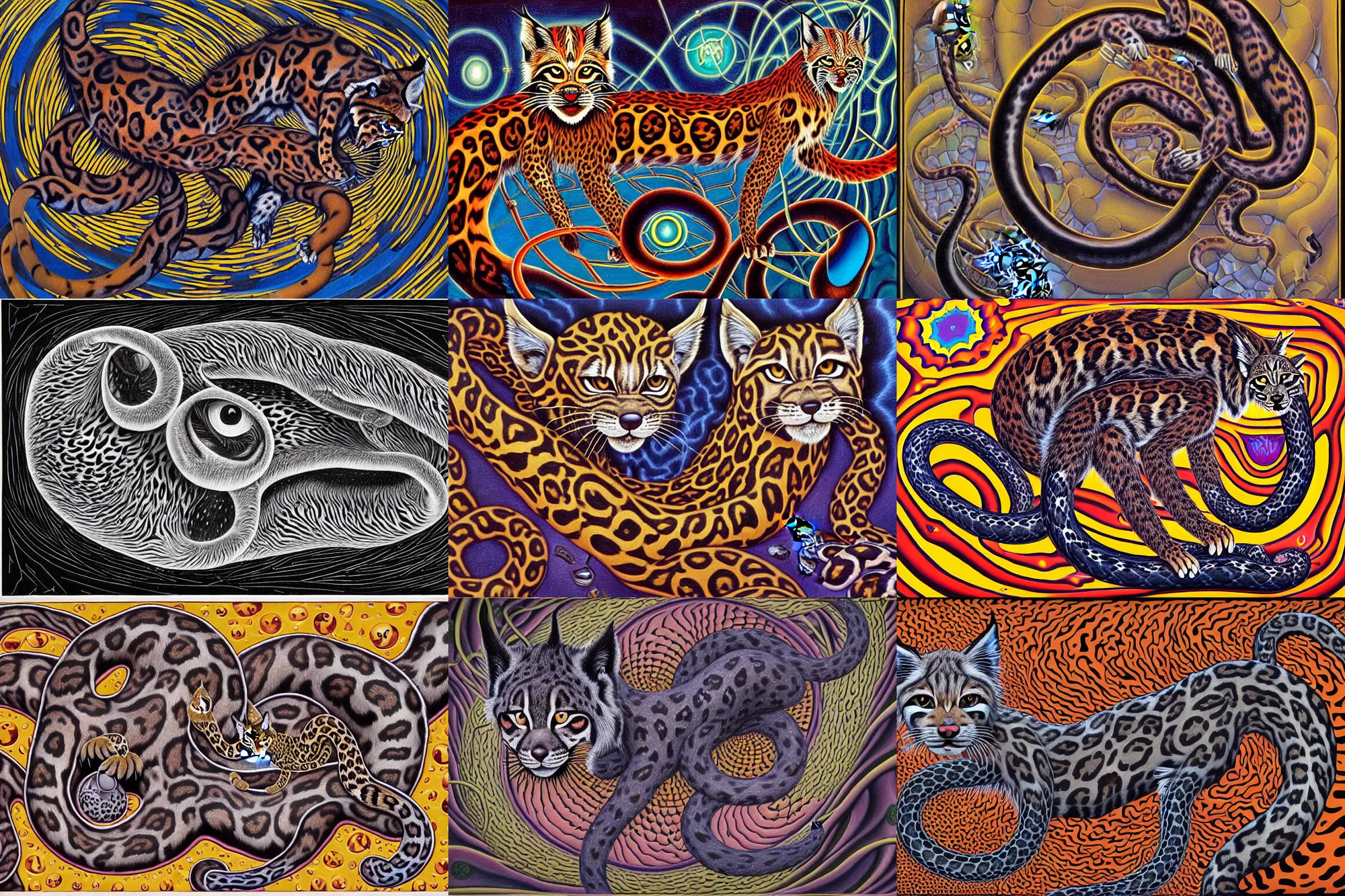 Prompt: a detailed painting of a magick polecat occult effigy beautiful lynx fur that is a crescent shaped leopard atomic latent snakes in between autobiological cybernetic ferret resurgence of snake phonkadelic ferret in the style of escher, alex grey, kubrick inspired by realism, symbolism, magical realism and dark fantasy, clear, crisp,