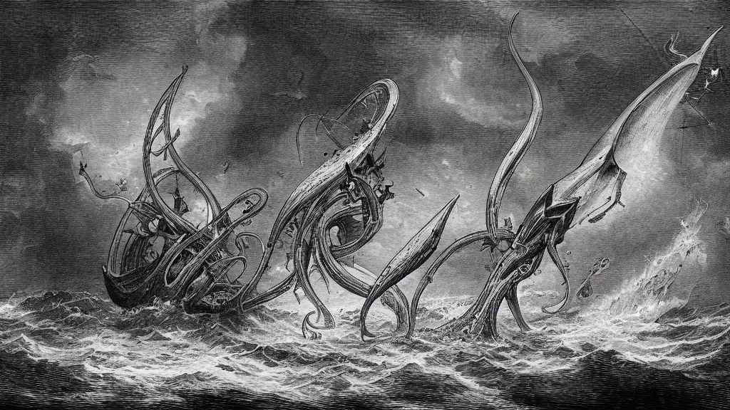 Prompt: drawing of one giant squid attacking one submarine, by gustave dore, nineteenth century, black and white, vintage, science fiction, epic composition, dramatic lighting, highly detailed, cinematic