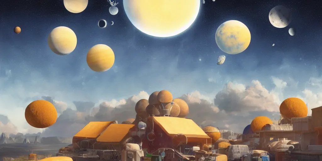 Prompt: cheese planet with cheese moon, visible planets in the sky, hanging cheese, cheese houses, blue cheese waterfalls, living cheese flying though the sky, Greg Rutkowski, 3d scene, trending on Artstation, 8K, ultra wide angle, pincushion lens effect.