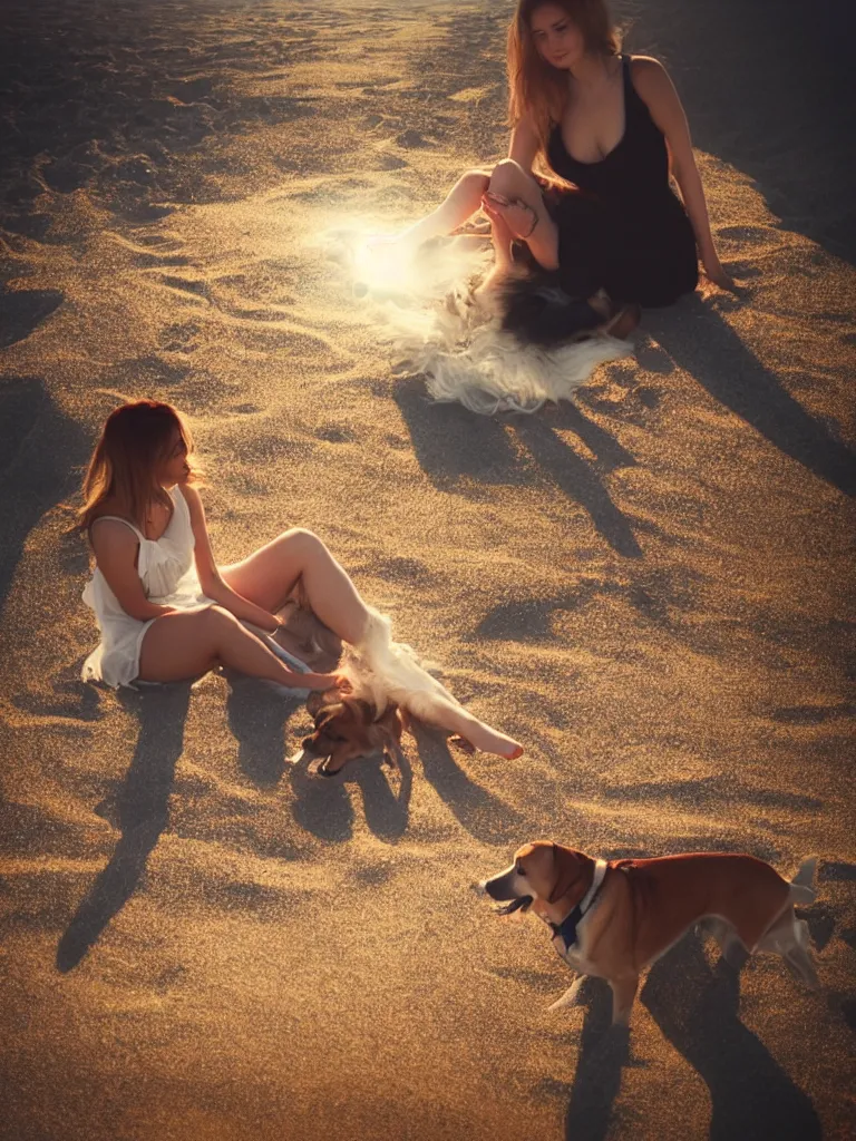 Image similar to a woman sitting on the beach with a dog, a stock photo by oleg oprisco, shutterstock contest winner, romanticism, stock photo, stockphoto, sunrays shine upon it