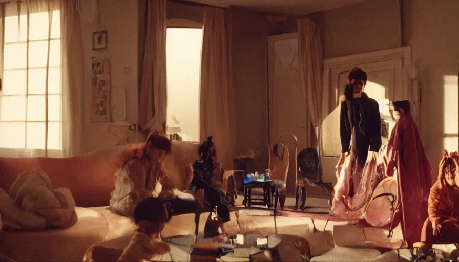 Prompt: movie still by alejandro jodorowsky of a beautiful day in a family living room in tokyo, visible magic energy, dream creature costumes, unexpected surreal dream mini city in the living room, cinestill 8 0 0 t eastmancolor technicolor, high quality, very detailed, heavy grain, fine facial features, 8 k, octane render