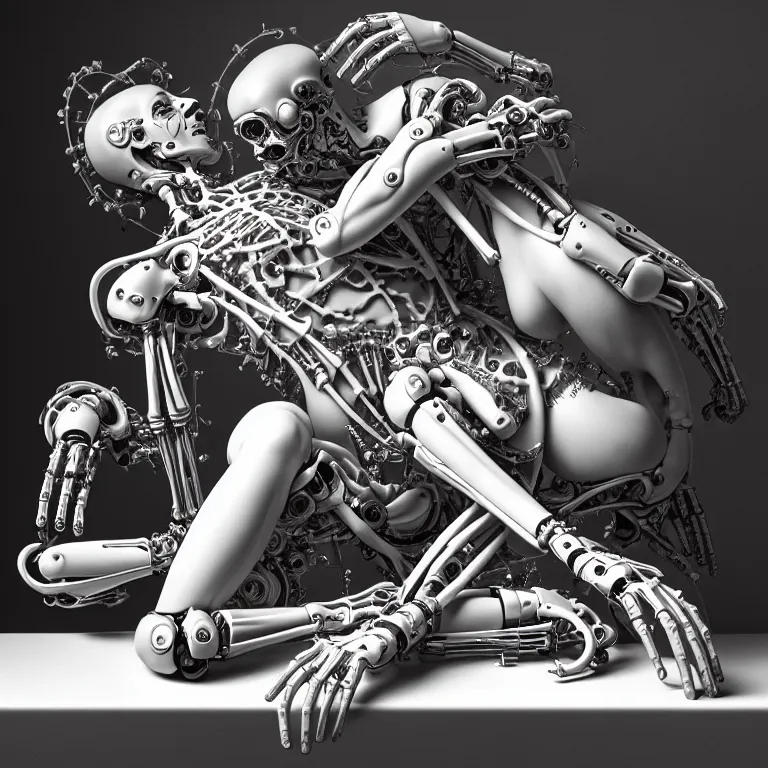 Image similar to still life of two biomechanical cyborg male lovers laying on a table, pastel flowers on a table, surreal alien ribbed pastel fruit, white human spine, baroque painting, beautiful detailed intricate insanely detailed octane render trending on Artstation, 8K artistic photography, photorealistic, chiaroscuro, Raphael, Caravaggio beautiful BW monochrome