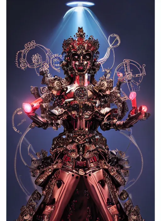 Prompt: baroque and cyberpunk style full-body sculpture of a young evil Hispanic prince half android with a chest exposing a glowing ruby battery, glowing pink seductive laser eyes, crown of blue gears and diamonds, swirling salmon-colored silk fabric, robotic raptors dinosaurs. baroque elements. full-length view. intricate artwork by caravaggio. art by Artgerm and Greg Rutkowski and Alphonse Mucha, Trending on artstation, cinematic industrial lighting, photorealistic, octane render, 8k, depth of field, 3D