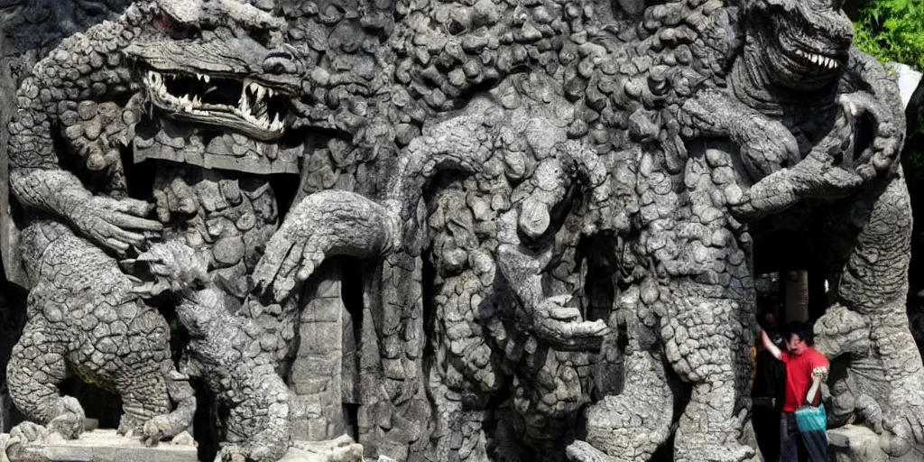 Image similar to a gigantis temple devoted to godzilla, stone carving ancient, worshipers bring offerings