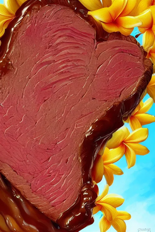 Image similar to ultra realistic illustration, portrait of sliced roast beef covered in honey and ketchup, plumeria tropical bouquet background, close up shot, fantasy, intricate, elegant, highly detailed, digital painting, artstation, concept art, smooth, sharp focus, illustration, surrealism