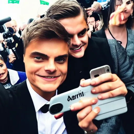 Image similar to martin garrix taking a selfie with angela merkel