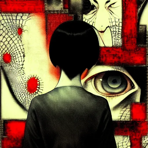 Image similar to yoshitaka amano blurred and dreamy realistic three quarter angle horror portrait of a sinister young woman with short hair, horns and red eyes wearing office suit with tie, junji ito abstract patterns in the background, satoshi kon anime, noisy film grain effect, highly detailed, renaissance oil painting, weird portrait angle, blurred lost edges