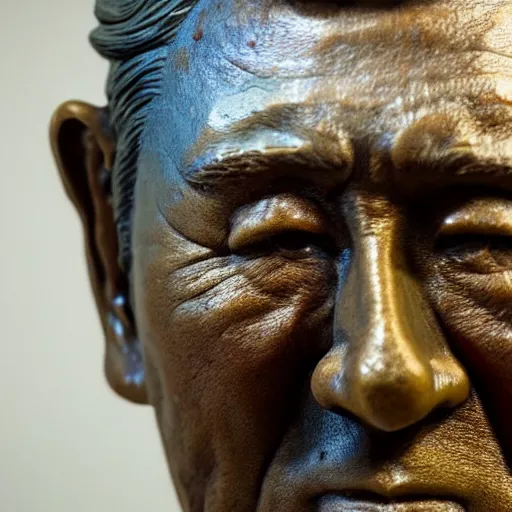 Image similar to close up shot of an old bronze patina statue of takeshi kitano in a museum