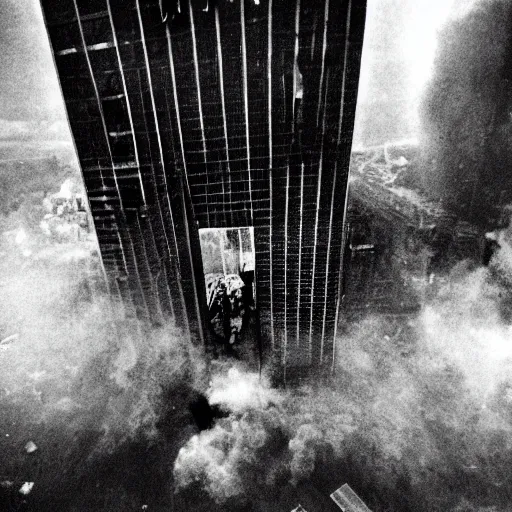 Prompt: view inside the world trade centre as the first plane struck the building, photo from the point of view of a person inside at the point of impact, photo, survivor, realistic, cinematic