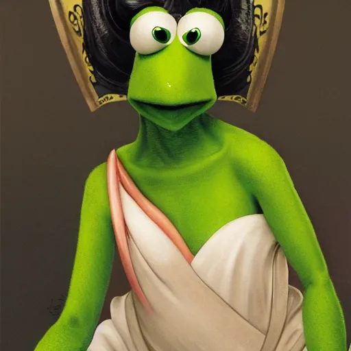 Image similar to organic seductive Geisha Kermit the Frog from Sesame Street, pearlescent skin, diffuse lighting, fantasy, intricate, elegant pose, highly detailed, lifelike, photorealistic, digital painting, artstation, illustration, concept art, different full body view, smooth, sharp focus, art by John Collier and Albert Aublet and Leonardo da vinci and Krenz Cushart and Artem Demura and Alphonse Mucha