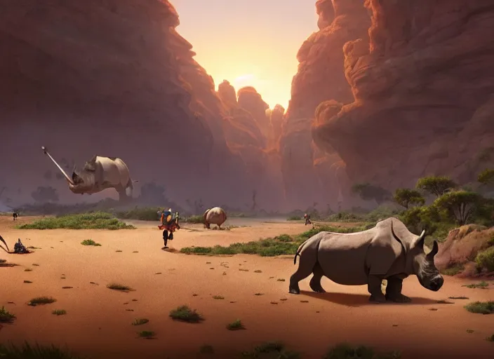 Prompt: the big large expedition with a lot of explores, warriors and adventurers, being brought by several rhinos carrying things towards the desert of duhnes medium shot, studio ghibli, pixar and disney animation, sharp, rendered in unreal engine 5, anime key art by greg rutkowski, bloom, dramatic lighting