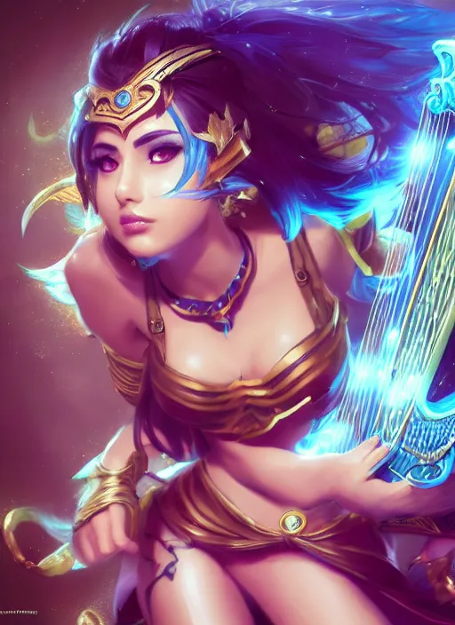 Prompt: sona, from league of legends, with an harp, au naturel, with abs, hyper detailed, digital art, trending in artstation, cinematic lighting, studio quality, smooth render, unreal engine 5 rendered, octane rendered, art style by klimt and nixeu and ian sprigger and wlop and krenz cushart