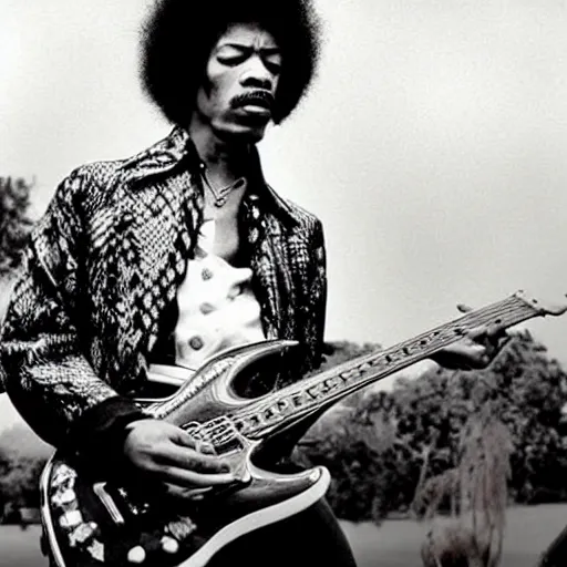 Prompt: jimi hendrix playing a guitar made of a big snake, color photo, cinematic