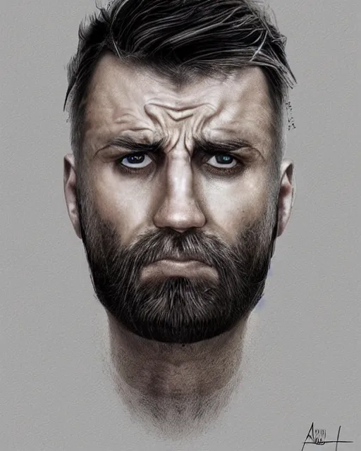 Image similar to portrait of muscular, tired and alcoholic 3 0 - year - old grieving man with short darkblonde hair, serious sad look in his eyes, looking down, dirty beard, blue eyes, crying tears, wearing dirty soldier uniform, on the desert, sad atmosphere, hyper realistic face, character art, art by artgerm, cryengine, trending on artstation, digital art