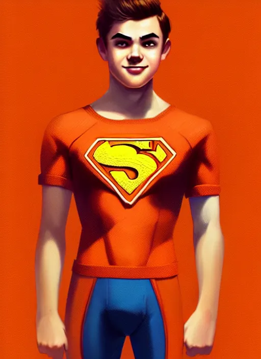 Image similar to teenage archie andrews wearing an orange superhero costume, intricate, elegant, glowing lights, highly detailed, digital painting, artstation, sharp focus, illustration, art by wlop, mars ravelo and greg rutkowski