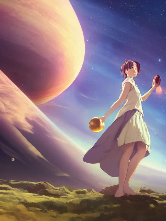 Prompt: a godly, wise, powerful giant girl wearing a skirt in space holding a model of a Saturn in her left hand. Soft lighting, cosmic skies, stunning, 8K, no planets, octane render. By Makoto Shinkai, Stanley Artgerm Lau, WLOP, Rossdraws, James Jean, Andrei Riabovitchev, Marc Simonetti, krenz cushart, Sakimichan, D&D trending on ArtStation, digital art.