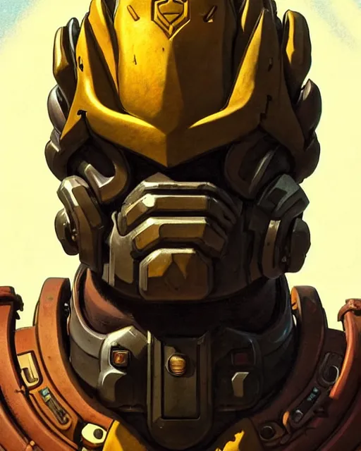 Image similar to doomfist from overwatch, slight smile, elegant, character portrait, portrait, close up, concept art, intricate details, highly detailed, vintage sci - fi poster, retro future, in the style of chris foss, rodger dean, moebius, michael whelan, and gustave dore