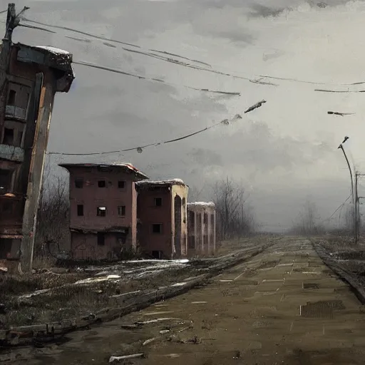 Image similar to painting of a abandoned post soviet town by jakub rozalski