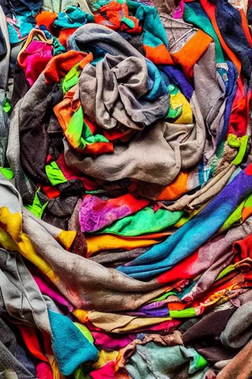 Prompt: a beautiful rendered, abstract sculpture, made of used clothes and fabric of all kinds, that is turning and twisting itself inside, rotated, modern art, in a dark hyperrealistic, bokeh, soft lighting from above, and high details and minimalistic ornaments