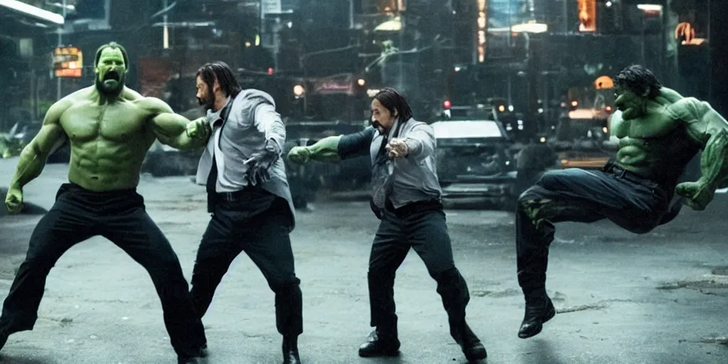 Prompt: A movie frame of human John Wick fighting with The Hulk, marvel cinematic universe