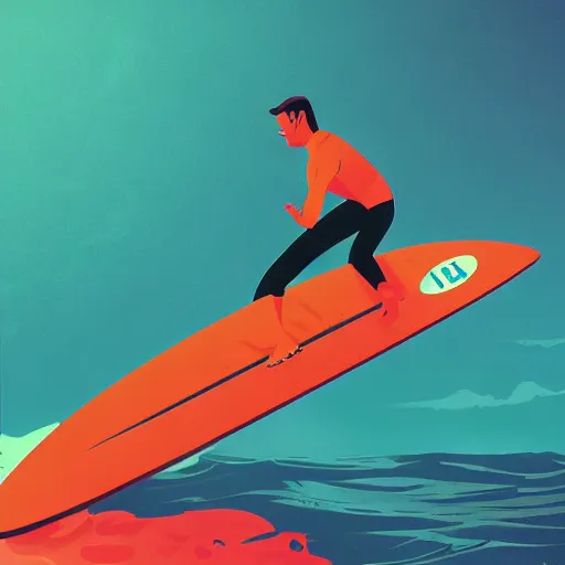 Prompt: ups employee holding a macbook while surfing in the ocean illustrated by kilian eng with light undertones