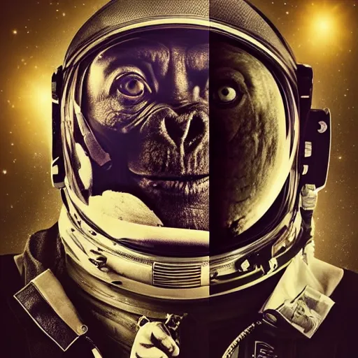 Prompt: double exposure portrait split in the middle of a astronaut and one chimpanzee in a suit posing with space in the background, pencil art, high definition, dynamic lighting stars, sharpness, golden ratio, fibonaci sequence