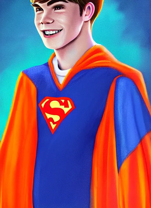 Image similar to friendly teenage archie andrews wearing an orange superhero costume with heart logo, heart, orange costume, blue cape, freckles, cape, heart emblem on chest, heart, blue cape, intricate, elegant, glowing lights, highly detailed, digital painting, artstation, sharp focus, illustration, art by wlop, mars ravelo and greg rutkowski