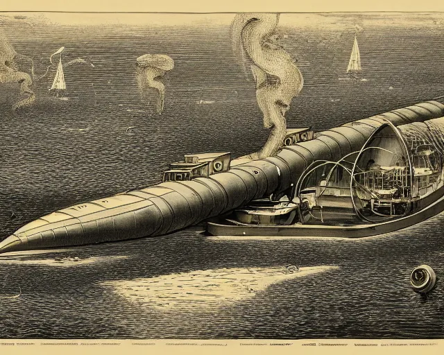 Prompt: long side view of complete jules verne submarine with portholes with a giant squid attacking it, 8k resolution