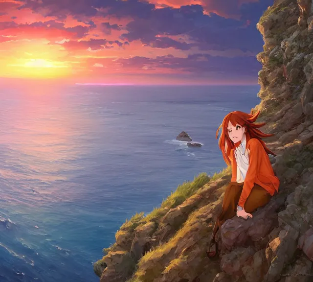 Prompt: a auburn-colored sitting on a cliff overlooking the sea. Atmospheric lighting, sunset, blue sea. By Makoto Shinkai, Stanley Artgerm Lau, WLOP, Rossdraws, James Jean, Andrei Riabovitchev, Marc Simonetti, krenz cushart, Sakimichan, trending on ArtStation, digital art.