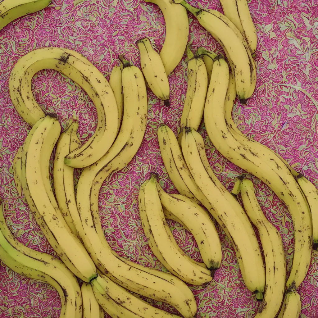 Prompt: fractal bananas that grow like coral, inside art nouveau embroidered plate with petal shape. closeup, hyper real, food photography, high quality