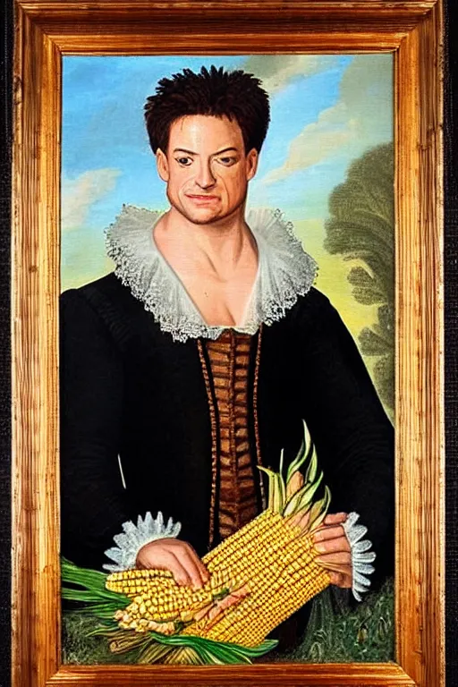 Image similar to a 1 6 0 0 s framed portrait painting of brendan fraser holding corn, intricate, elegant, highly detailed