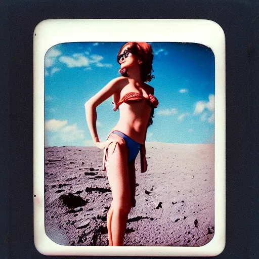 Image similar to vintage polaroid of a woman in a bikini on the surface of the moon landing, detailed clouds, warm azure tones, red color bleed, film grain