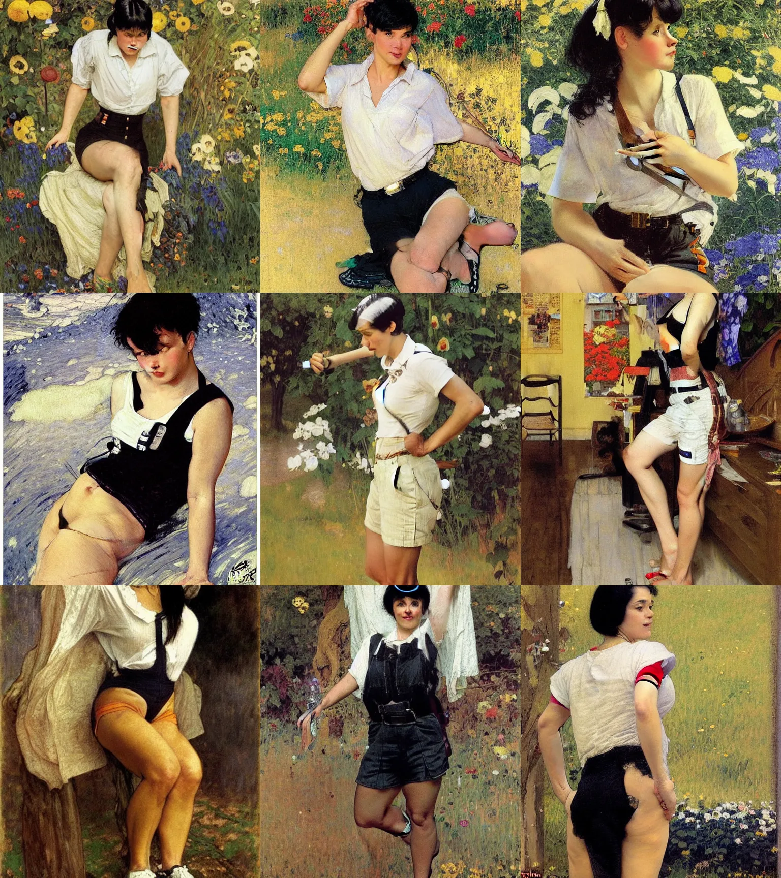 Prompt: a woman with black hair and long pixie haircut in shorts with suspenders and white t-shirt drawn by Peder Severin Kroyer, norman rockwell, frank frazetta, alphonso azpiri, maler collier, peter paul rubens, alphonse mucha, gustav klimt 4k, unreal 5, DAZ, french noveau, trending on artstation, octane render, hyperrealistic