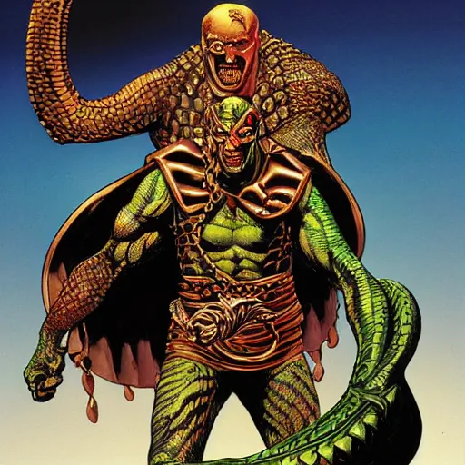 Prompt: serpent - man warlord wearing bronze age plate armor, horrific background, photorealistic by alex ross