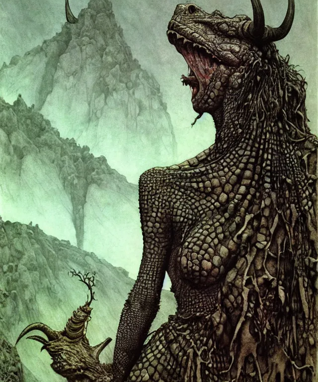 Image similar to A detailed horned crocodilewoman stands among the hills. Wearing a ripped mantle, robe. Perfect faces, extremely high details, realistic, fantasy art, solo, masterpiece, art by Zdzisław Beksiński, Arthur Rackham, Dariusz Zawadzki