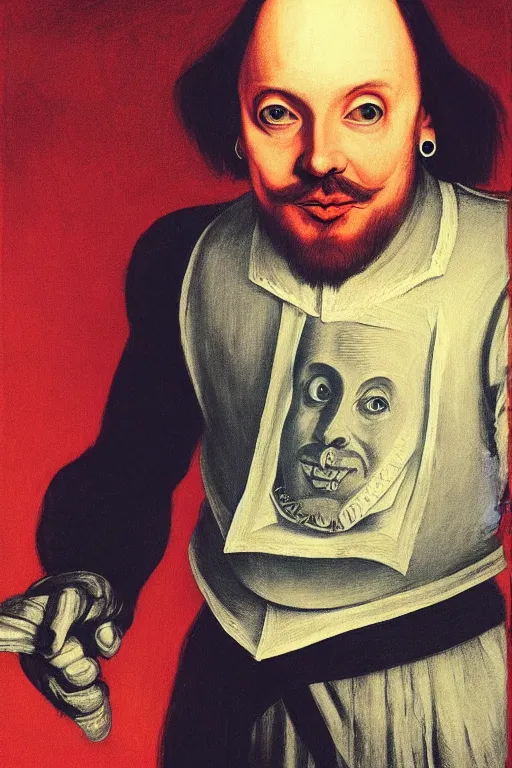 Prompt: Shakespeare portrait wearing trash metal band T Shirt Edward Hopper and James Gilleard, Zdzislaw Beksisnski, higly detailed