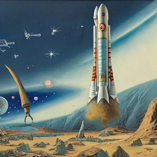 Prompt: wide-angle painting of an alien world and highly detailed rocket that has landed with dinosaurs roaming everywhere by chesley bonestell