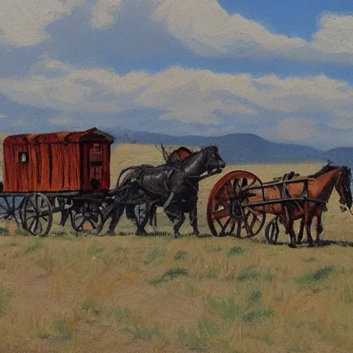 Image similar to old west oregon trail wagon train, painting, sketch