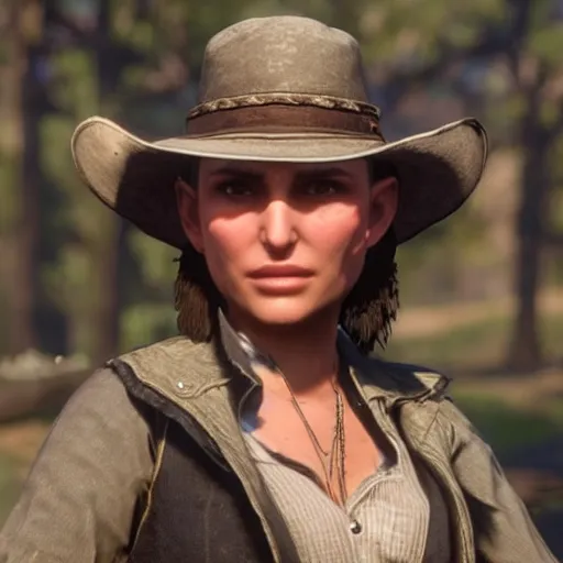 Image similar to natalie portman in red dead redemption 2, character render, full body shot, highly detailed, in game render