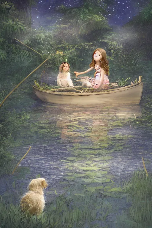 Prompt: a little girl and her puppy in a small bamboo boat, in a reflective lake, renaissance ambiance, moonlit night dreamy atmosphere, highly detailed twigs and plants in the forest, bioluminescent butterflies in the fog in a bokeh background, deep colors, photorealistic digital arts, smooth and rich color scheme, artstation, 8K