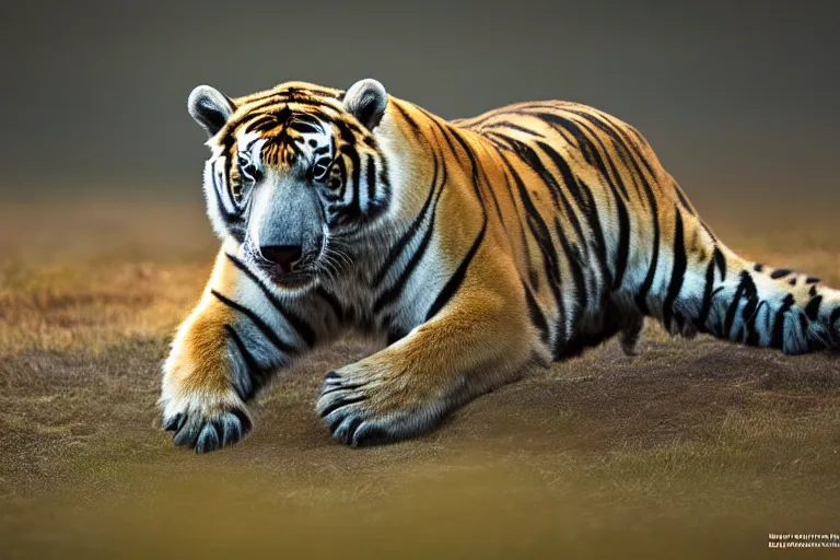 Image similar to a tiger polar bear!!! hybrid! hyper realistic!! realistic lighting!! wildlife photographer of the year!!! bold natural colors, national geographic, hd, wide angle, 8 k