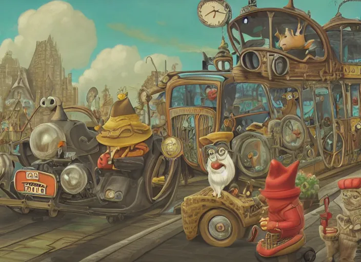 Image similar to matte sharp painting, close - up of a garden gnome driving a steampunk bus, a cat is holding onto the roof, juxtapoz, artforum, gary baseman, preston blair, tex avery, dan mumford, pedro correa