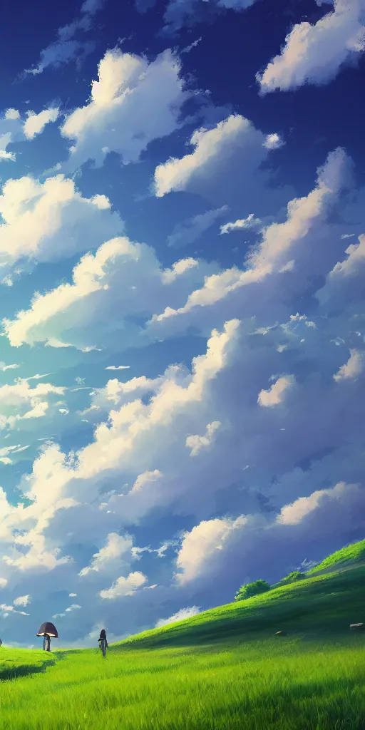 Prompt: a painting of a landscape with clouds and grass, a matte painting by makoto shinkai, featured on pixiv, color field, windows xp, anime aesthetic, anime