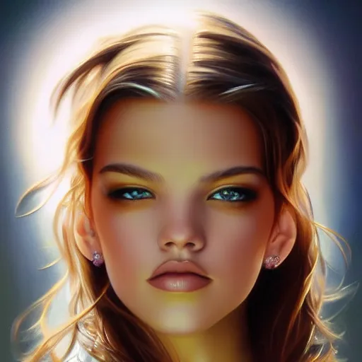 Image similar to barbara palvin portrait by boris vallejo, airbrush painting, highly detailed, hyper realistic, 4 k, artstation