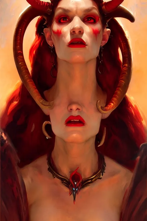 Image similar to painted close - up portrait of a very attractive red - skinned intimidating demon alien girl with ram horns! oil painting, wearing a noblewoman's outfit, fantasy art by john singer sargent and gaston bussiere and james jean and greg rutkowski, demon noble character design, hd