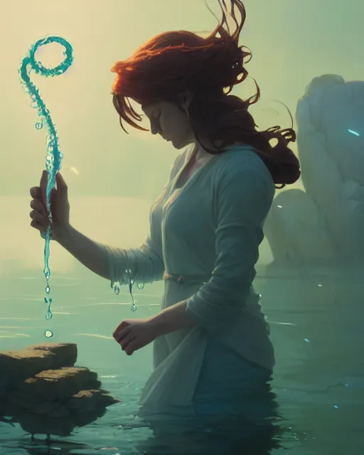 Image similar to highly detailed vfx portrait of a mage casting a water spell, unreal engine, greg rutkowski, loish, rhads, beeple, makoto shinkai and lois van baarle, ilya kuvshinov, rossdraws, tom bagshaw, alphonse mucha, global illumination, detailed and intricate environment